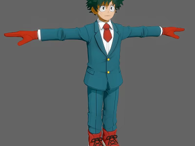 Anime Game Character in Blue Suit with Red Gloves Red Boots Green Hair Arms Outstretched 3d model