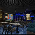Modern Bar Interior Design With Neon Lights Grid Ceiling Art Decor And Seating 3d model