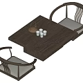 Traditional Wooden Tea Table and Chairs with Curved Backrest and Tea Set