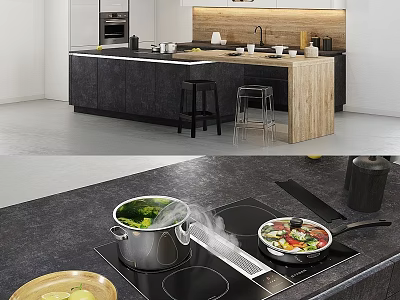 Modern Kitchen Cabinets With Island Counter Black Countertop And Cooking Appliances 3d model