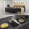 Modern Kitchen Cabinets With Island Counter Black Countertop And Cooking Appliances