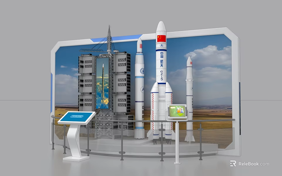 Space Rocket Model Exhibition With Launch Tower And Interactive Screens 3d model