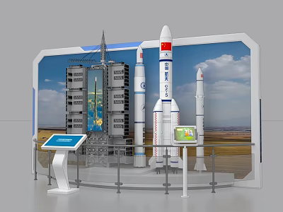 Space Rocket Model Exhibition With Launch Tower And Interactive Screens 3d model