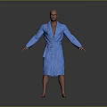 Bald Man in Blue Striped Bathrobe Standing with Arms Outstretched on Gray Gradient Background