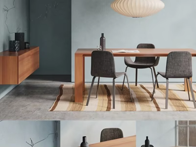 Modern Dining Interior With Wooden Table Gray Chairs Pendant Light And Area Rug 3d model