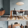 Modern Dining Interior With Wooden Table Gray Chairs Pendant Light And Area Rug