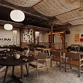 Traditional Chinese Tea House Interior With Wooden Tables Chairs Calligraphy And Hanging Lamps