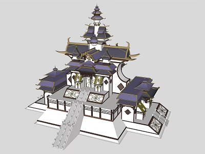 Traditional Chinese Ancient Architecture With Multi Tiered Roofs Stone Steps And Decorative Railings 3d model