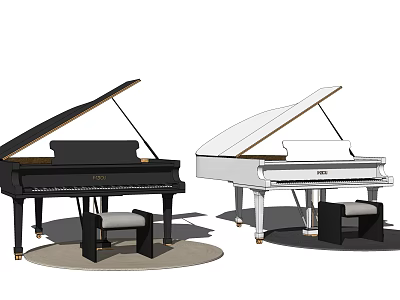 Yamaha Black And White Grand Pianos With Matching Stools For Music Room 3d model