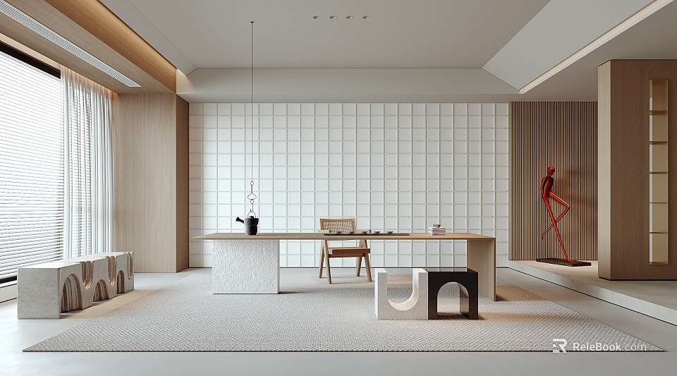 Modern Tea Room Interior With White Tile Wall Wooden Chair Long Table And Black Teapot 3d model 