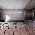 Vietnamese Pho Restaurant with Natural Light Wooden Ceiling Red Brick Floor Open Space Tables Chairs