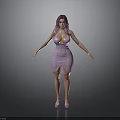 Woman With Purple Hair In Tight Pink Deep V Neck Slit Dress And Purple Heels
