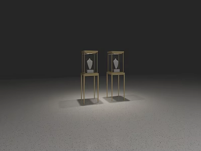 Display Shelves With Golden Frame Holding White Items On Light Floor Dark Background 3d model