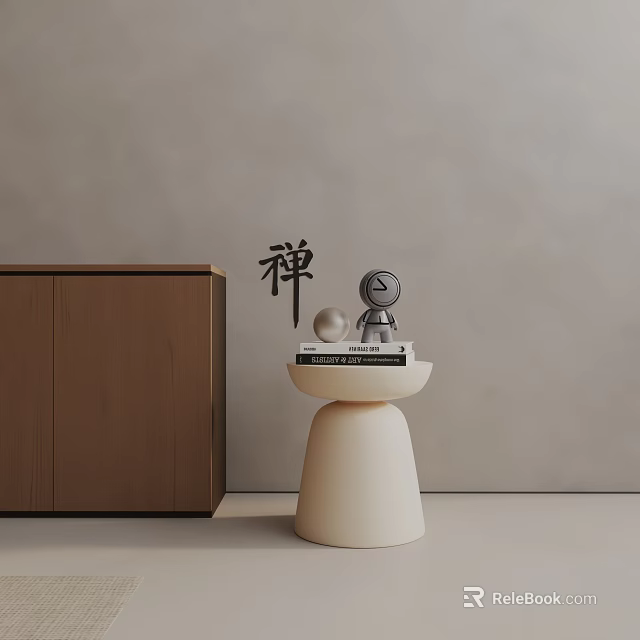 Zen Style Cream White Side Table With Cylindrical Base Wooden Cabinet Books And Figurine 3d model 