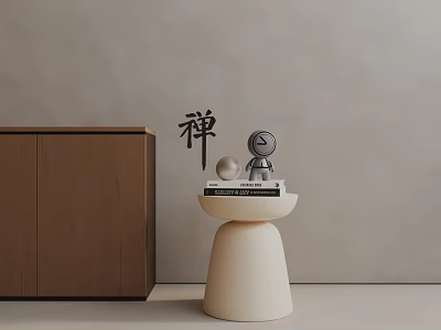 Zen Style Cream White Side Table With Cylindrical Base Wooden Cabinet Books And Figurine 3d model