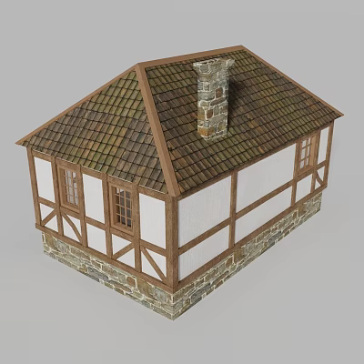 Timber Framed House With Tiled Roof Stone Base And Wooden Framed Windows 3d model
