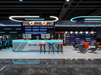 Modern Internet Cafe Interior With Reception Gaming Chairs And Shelves 3d model