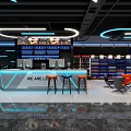 Modern Internet Cafe Interior With Reception Gaming Chairs And Shelves 3d model