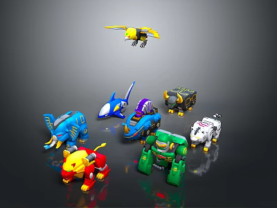 Colorful Toy Characters And Animal Figures With Robot Lion Elephant Shark And Bird 3d model