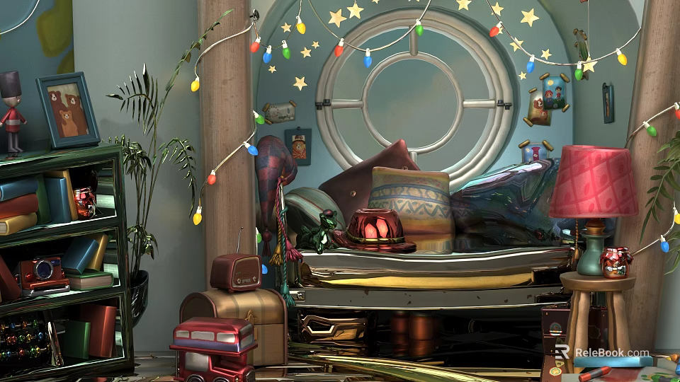 Colorful Kids Room With Round Window Star String Lights Cozy Couch And Vintage Suitcases 3d model 