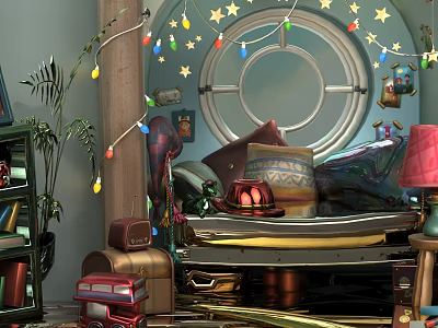 Colorful Kids Room With Round Window Star String Lights Cozy Couch And Vintage Suitcases 3d model