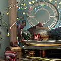 Colorful Kids Room With Round Window Star String Lights Cozy Couch And Vintage Suitcases