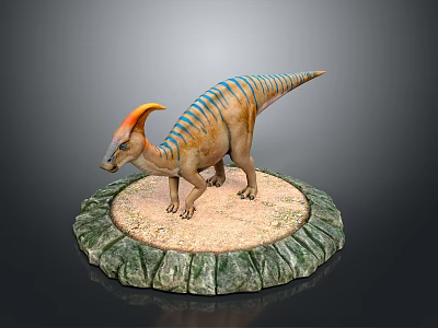 Colorful Dinosaur Model With Orange Horn And Blue Stripes On Circular Green Rimmed Sandy Base 3d model