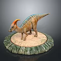 Colorful Dinosaur Model With Orange Horn And Blue Stripes On Circular Green Rimmed Sandy Base