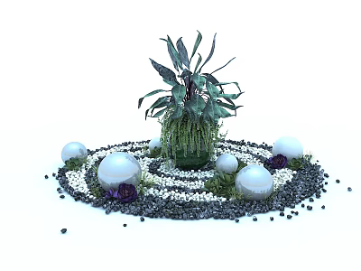 Garden Ornament Featuring Green Plant White Spheres and Black White Pebbles in Spiral Arrangement 3d model