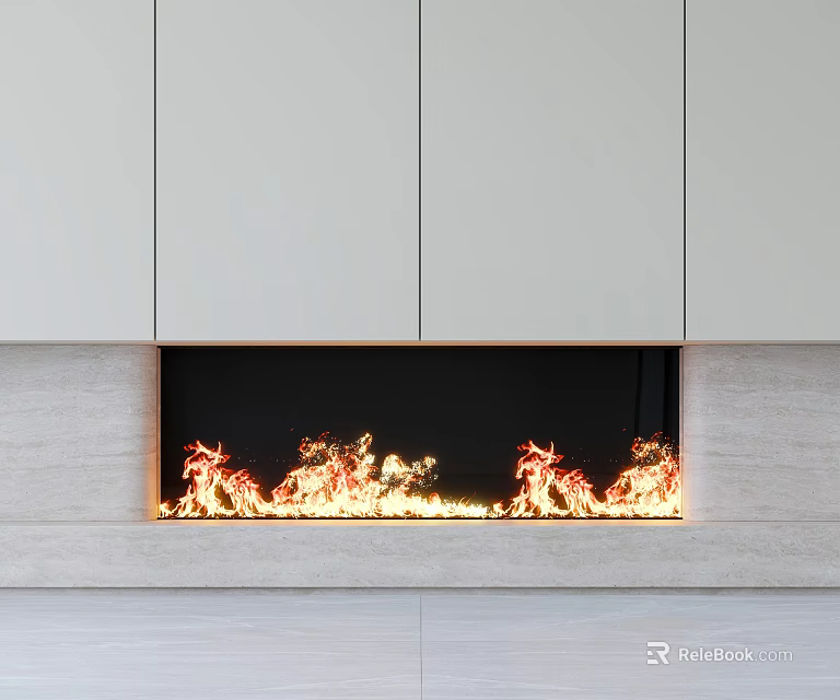 Modern Fireplace Interior Design With White Upper Cabinets And Burning Flames 3d model