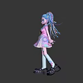 Colorful Game Character With Blue Braids Pink Top And Patterned Skirt Surrounded By Sparkling Stars