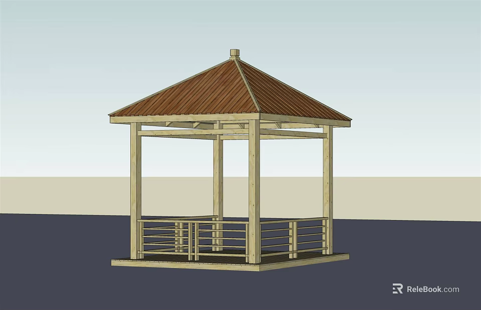 Elegant Outdoor Wooden Gazebo Structure With Brown Roof And Platform Railings Design 3d model 