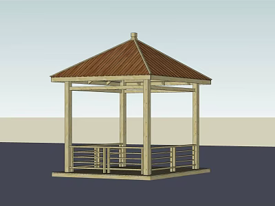 Elegant Outdoor Wooden Gazebo Structure With Brown Roof And Platform Railings Design 3d model
