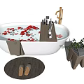 White Bathtub with Red Rose Petals Wooden Shelf Towel Mat Slippers Flower Vase