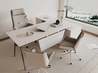 Modern Office Desk Interior Design With Ergonomic Chairs Laptop Desk Lamp And Indoor Plant 3d model