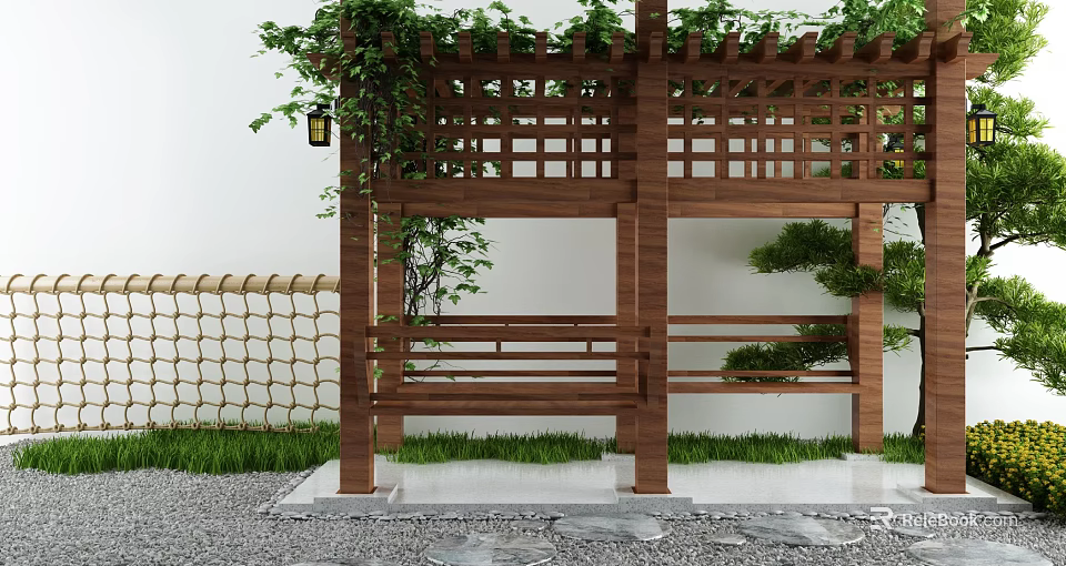 Outdoor Wooden Pergola With Climbing Plants Bamboo Fence Grass Lawn And Stone Path 3d model 