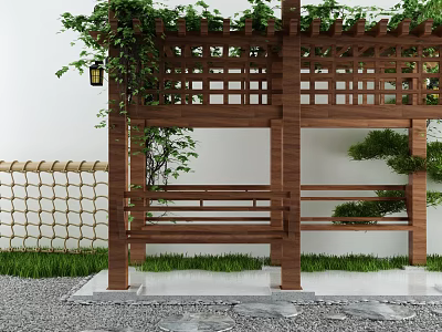 Outdoor Wooden Pergola With Climbing Plants Bamboo Fence Grass Lawn And Stone Path 3d model