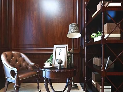 Brown Leather Armchair Featuring Small Round Table Picture Frame Table Lamp And Dark Wooden Wall 3d model