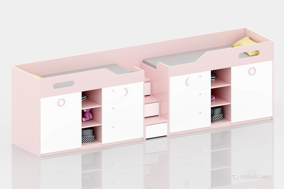 School Student Storage Furniture With Pink White Modern Design And Cabinets Drawers 3d model 