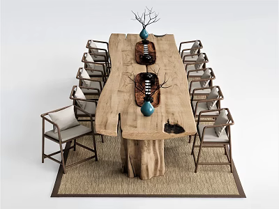 Natural Wood Tea Table and Chairs Stump Leg Design with Cushions Decorative Vases Woven Rug 3d model
