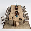 Natural Wood Tea Table and Chairs Stump Leg Design with Cushions Decorative Vases Woven Rug