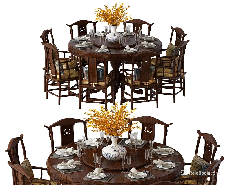 Round Wooden Dining Table With Chairs Yellow Flower Vase Plates And Glasses 3d model 