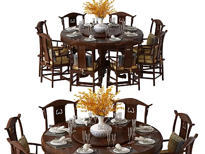 Round Wooden Dining Table With Chairs Yellow Flower Vase Plates And Glasses 3d model