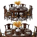 Round Wooden Dining Table With Chairs Yellow Flower Vase Plates And Glasses