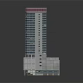 Contemporary High Rise Building Featuring Glass Curtain Walls Stone Base And Red Top