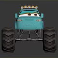 Blue Toy Monster Truck With Large Tires Flame Decals And Cartoon Eyes