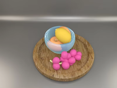 Fresh Yellow Lemon Orange and Pink Cherry in Blue Bowl on Wooden Tray 3d model