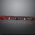 Modern Red Electric Train With Two Carriages On Grey Background And Reflection