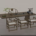 Minimalist Chinese Style Wooden Tea Table and Chairs with Tea Set and Small Plant
