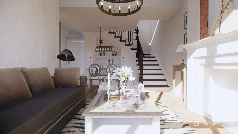 Elegant Living And Dining Room Interior With Brown Sofa Coffee Table Chandelier And Vase Flowers 3d model 